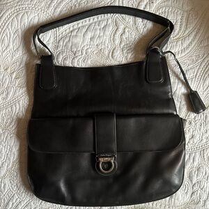Salvatore Ferragamo Black Leather Shoulder Bag with locking front pocket!